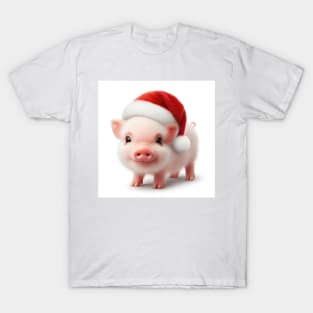 cute and happy little piglet wearing a santa hat on white T-Shirt